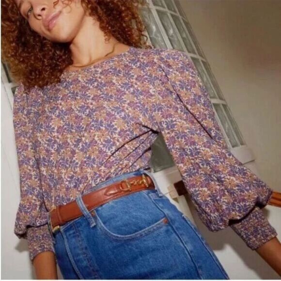 NATION LTD I Loren Retro Floral Smocked Peasant Tee Top with Puffed Shoulders, M - Picture 1 of 7